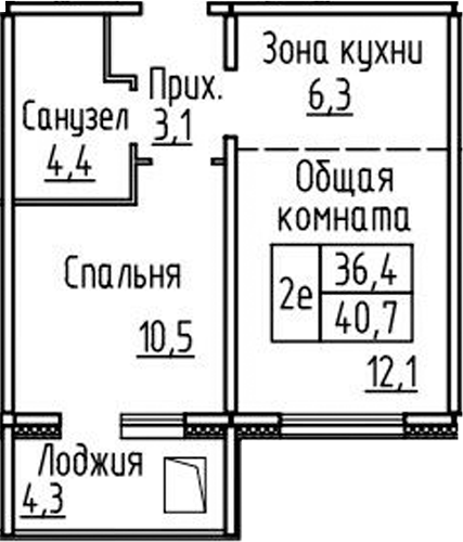 Планировка 2е-к. квартира 36.40 м² в ЖК «Фламинго»