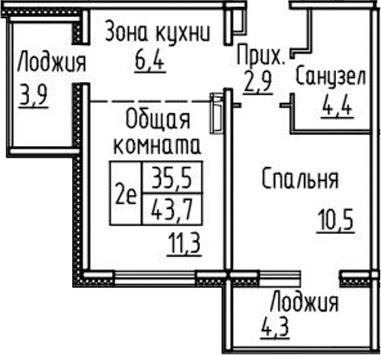 Планировка 2е-к.кв 35.50 м² в ЖК «Фламинго»