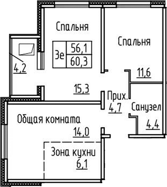 Планировка 3е-к.кв 56.10 м² в ЖК «Фламинго»