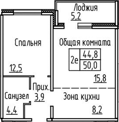 Планировка 2е-к.кв 44.80 м² в ЖК «Фламинго»