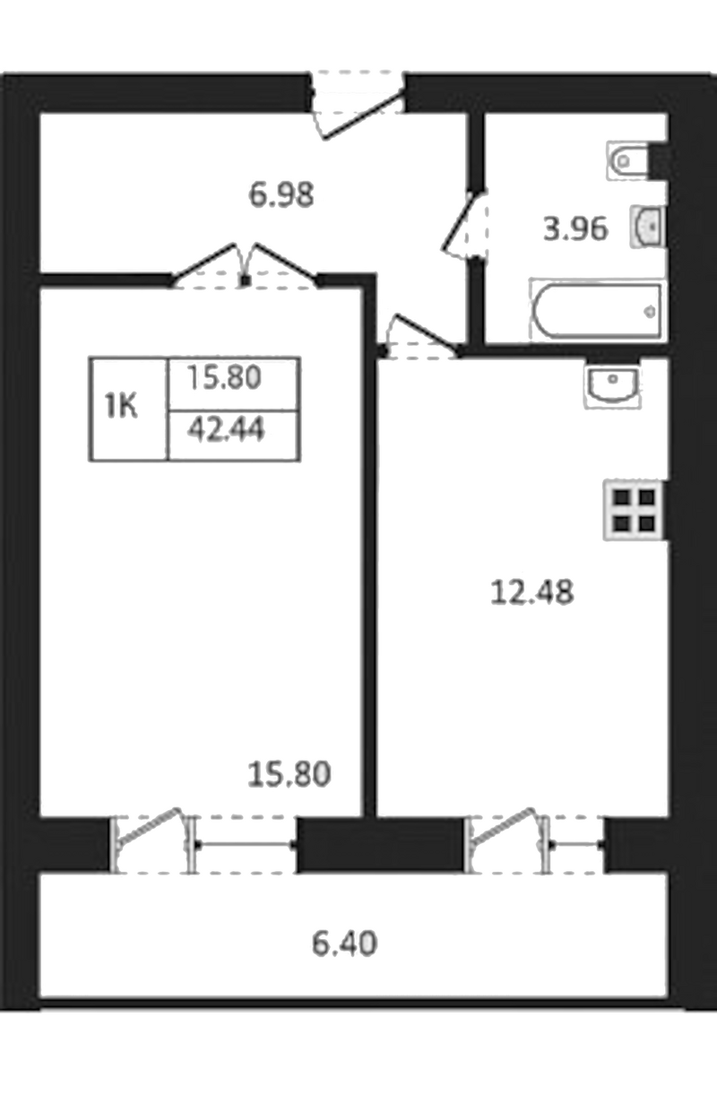 Планировка 1-к.кв 39.24 м² в ЖК «Дивногорский»