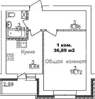 Планировка 1-к.кв 35.39 м² в ЖК «Дивногорский»
