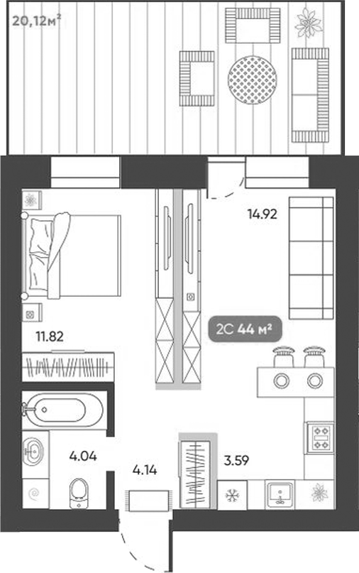 Планировка 2е-к.кв 38.51 м² в ЖК «Ботаника»