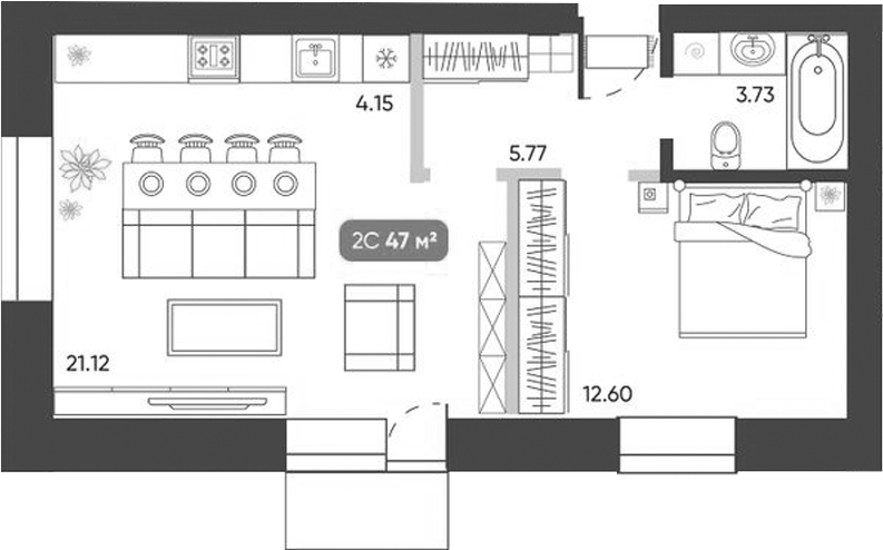 Планировка 2е-к.кв 47.00 м² в ЖК «Ботаника»