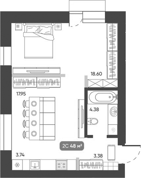 Планировка 2е-к.кв 48.43 м² в ЖК «Ботаника»
