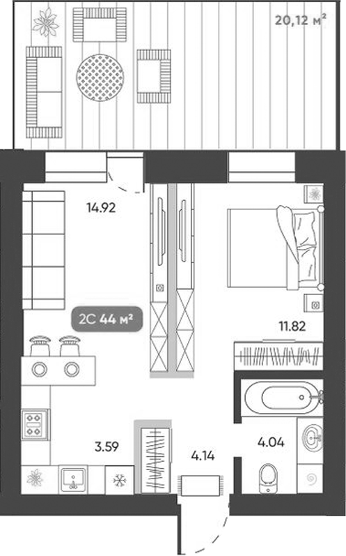 Планировка 2е-к.кв 38.51 м² в ЖК «Ботаника»