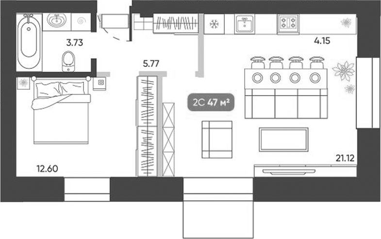 Планировка 2е-к.кв 47.37 м² в ЖК «Ботаника»