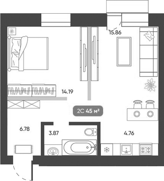 Планировка 2е-к.кв 45.00 м² в ЖК «Ботаника»