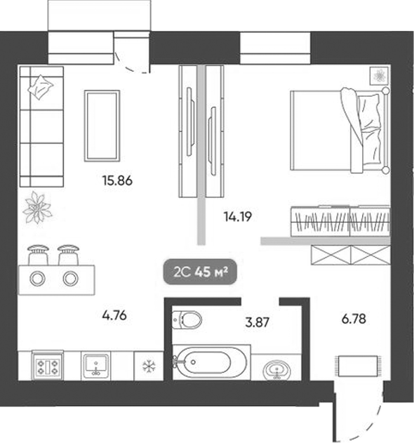 Планировка 2е-к.кв 45.00 м² в ЖК «Ботаника»
