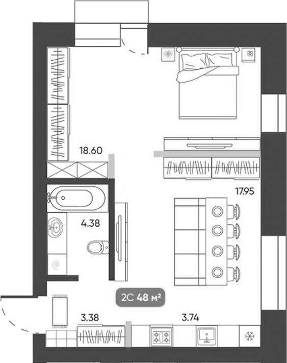 Планировка 2е-к.кв 48.43 м² в ЖК «Ботаника»