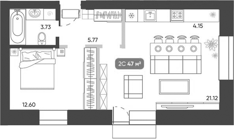 Планировка 2е-к.кв 47.36 м² в ЖК «Ботаника»