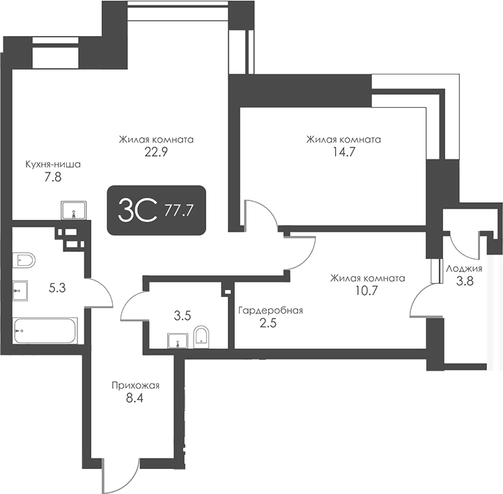 Планировка 3-к.кв 75.80 м² в ЖК «Сити Тауэрс»