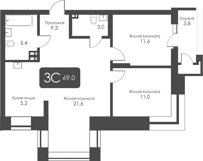 Планировка 3-к.кв 67.10 м² в ЖК «Сити Тауэрс»