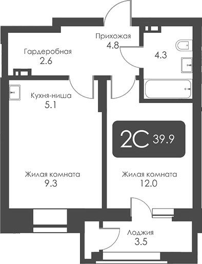 Планировка 2-к.кв 38.15 м² в ЖК «Сити Тауэрс»