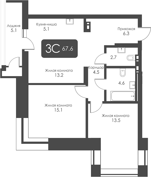 Планировка 3-к.кв 65.05 м² в ЖК «Сити Тауэрс»