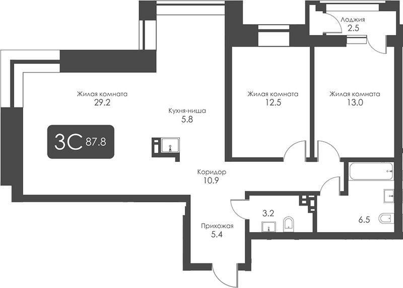 Планировка 3-к.кв 86.55 м² в ЖК «Сити Тауэрс»
