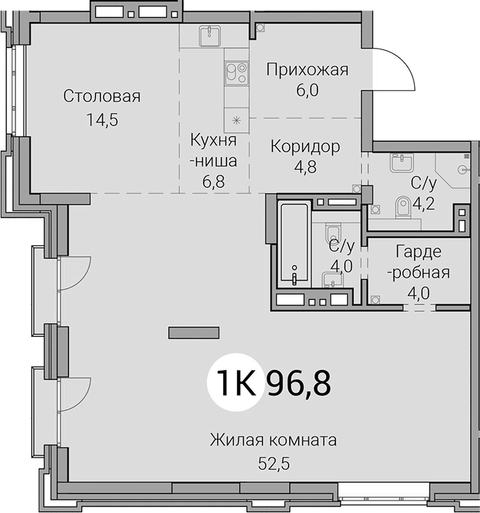 Планировка 2е-к. квартира 96.80 м² в ЖК «Тайм Сквер»