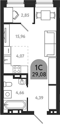 Планировка студии 29.08 м² в ЖК «Квартал 1604. Томск»