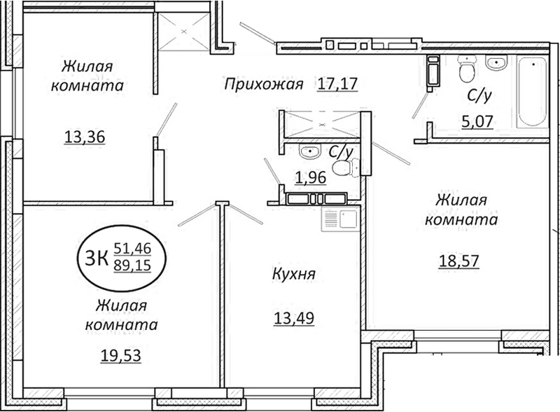 Планировка 3-к.кв 89.15 м² в ЖК «Пролетарский»