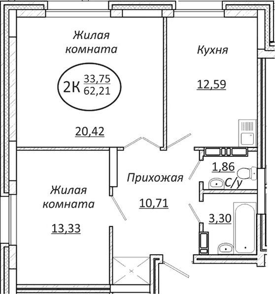 Планировка 2-к.кв 62.21 м² в ЖК «Пролетарский»
