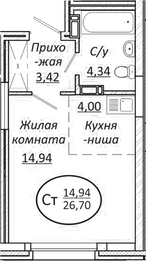 Планировка студии 26.70 м² в ЖК «Пролетарский»