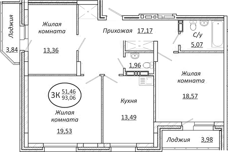 Планировка 3-к.кв 89.15 м² в ЖК «Пролетарский»