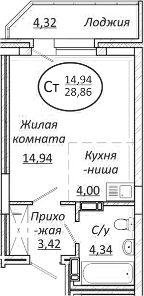 Планировка студии 26.70 м² в ЖК «Пролетарский»