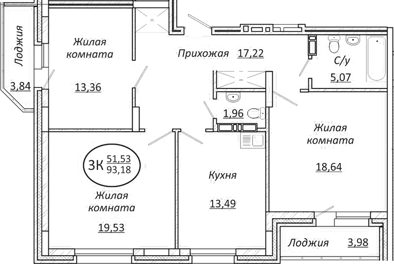 Планировка 3-к.кв 89.27 м² в ЖК «Пролетарский»