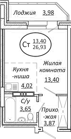 Планировка студии 24.94 м² в ЖК «Пролетарский»