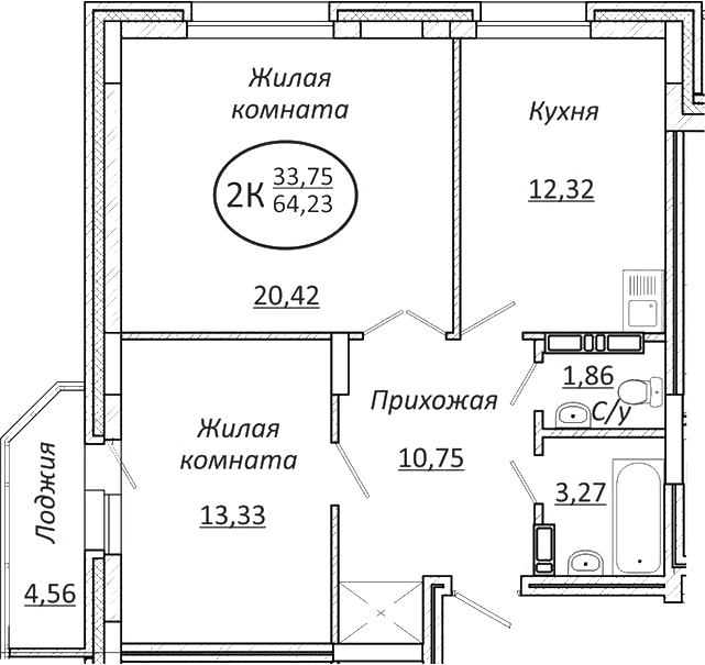 Планировка 2-к.кв 61.95 м² в ЖК «Пролетарский»