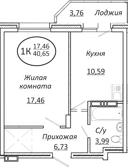 Планировка 1-к.кв 38.77 м² в ЖК «Пролетарский»