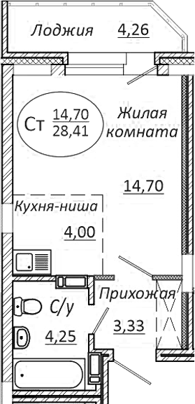 Планировка студии 26.28 м² в ЖК «КОМЕТА - ОКТЯБРЬСКИЙ»