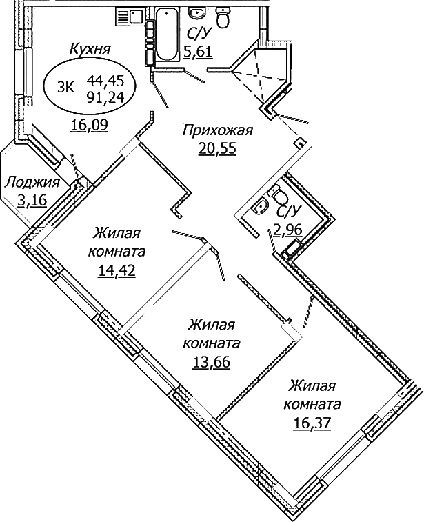 Планировка 3-к.кв 89.66 м² в ЖК «КОМЕТА - ОКТЯБРЬСКИЙ»