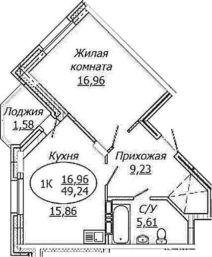 Планировка 1-к.кв 47.66 м² в ЖК «КОМЕТА - ОКТЯБРЬСКИЙ»