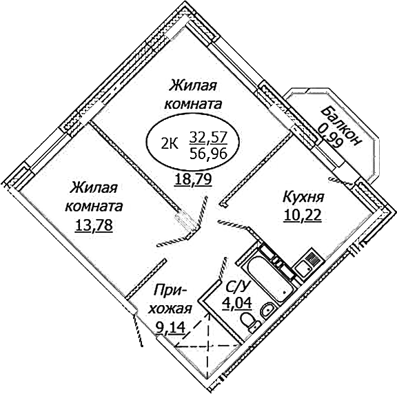Планировка 2-к.кв 55.97 м² в ЖК «КОМЕТА - ОКТЯБРЬСКИЙ»