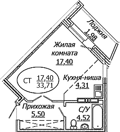 Планировка студии 31.73 м² в ЖК «КОМЕТА - ОКТЯБРЬСКИЙ»
