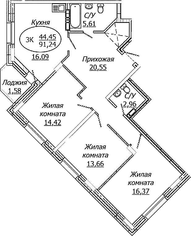 Планировка 3-к.кв 89.66 м² в ЖК «КОМЕТА - ОКТЯБРЬСКИЙ»