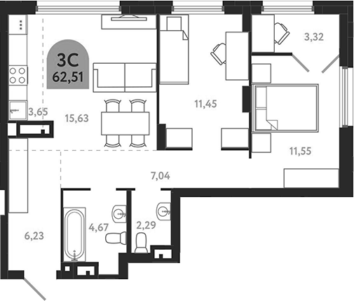 Планировка 3е-к.кв 62.51 м² в ЖК «Квартал 1604. Томск»