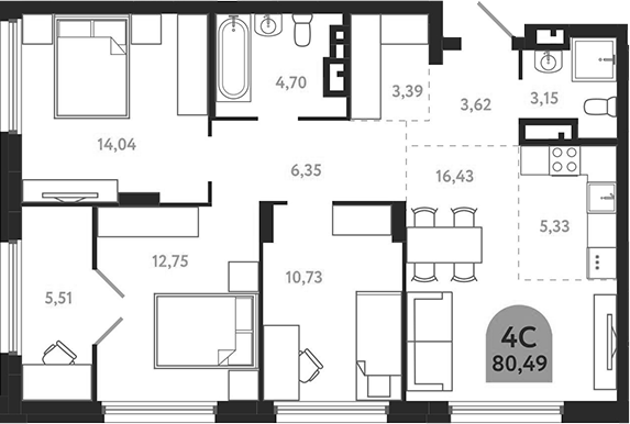Планировка 4е-к.кв 80.49 м² в ЖК «Квартал 1604. Томск»