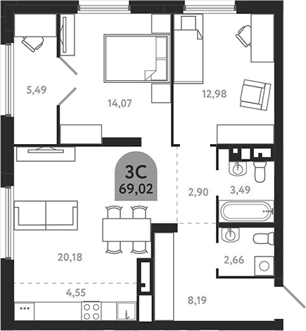 Планировка 3е-к.кв 69.02 м² в ЖК «Квартал 1604. Томск»