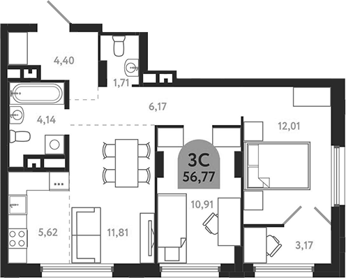 Планировка 3е-к.кв 56.77 м² в ЖК «Квартал 1604. Томск»