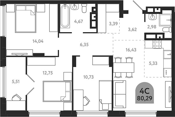 Планировка 4е-к.кв 80.29 м² в ЖК «Квартал 1604. Томск»