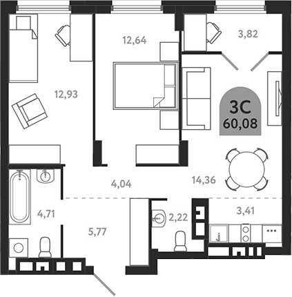 Планировка 3е-к.кв 60.08 м² в ЖК «Квартал 1604. Томск»
