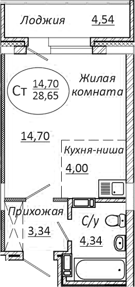 Планировка студия 26.38 м² в ЖК «КОМЕТА - ОКТЯБРЬСКИЙ»