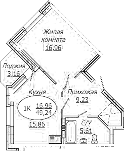 Планировка 1-к.кв 47.66 м² в ЖК «КОМЕТА - ОКТЯБРЬСКИЙ»