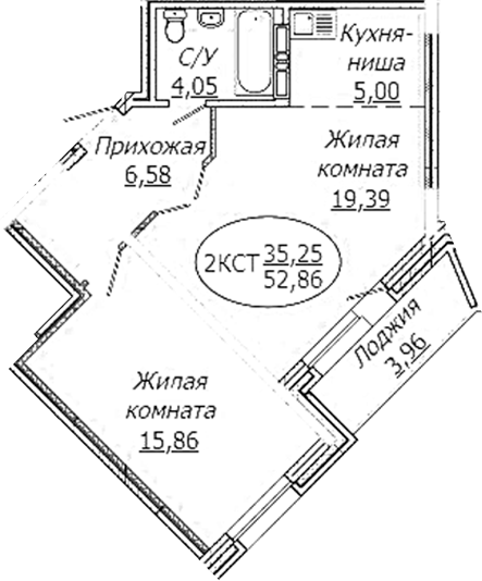 Планировка 2е-к.кв 50.88 м² в ЖК «КОМЕТА - ОКТЯБРЬСКИЙ»