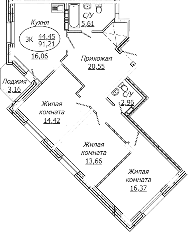 Планировка 3-к. квартира 89.63 м² в ЖК «КОМЕТА - ОКТЯБРЬСКИЙ»