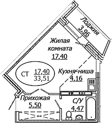 Планировка студии 31.53 м² в ЖК «КОМЕТА - ОКТЯБРЬСКИЙ»