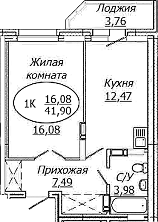 Планировка 1-к. квартира 40.02 м² в ЖК «КОМЕТА - ОКТЯБРЬСКИЙ»