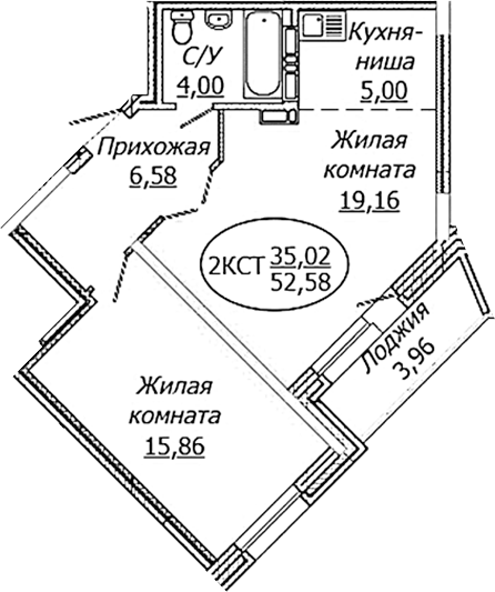 Планировка 2е-к. квартира 50.60 м² в ЖК «КОМЕТА - ОКТЯБРЬСКИЙ»